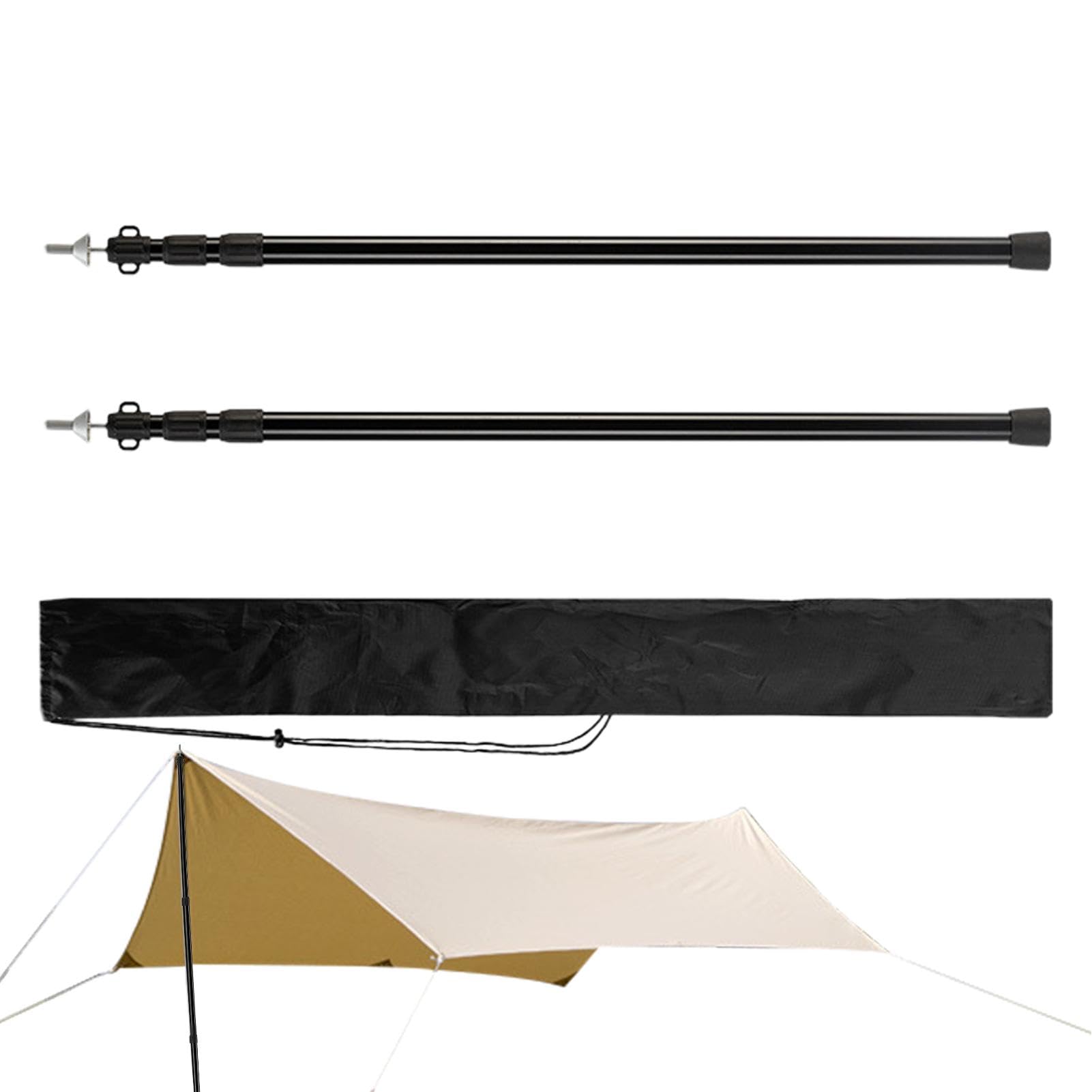 Lot de 2 piquets de tente télescopiques en aluminium pour bâche de camping - Barres de support robustes avec sac de rangement - Barres de support extensibles pour bâches, auvents, auvents, vérandas