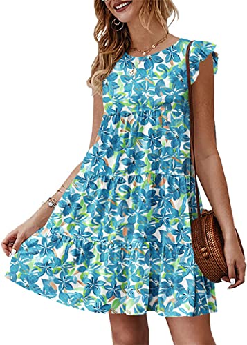 Image of KIRUNDO Summer Dresses for Women Sundress Sleeveless Ruffle Sleeve Round Neck Loose Short Flowy Pleated Mini Babydoll Dress