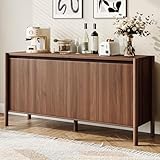 CHUWELL Walnut Sideboard Buffet Cabinet - 59' Mid Century Buffet Storage Cabinet with 4 Doors, Adjustable Shelves, and 4 Solid Wood Round Legs- Coffee Bar Table for Kitchen