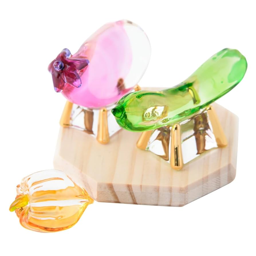 お盆飾り　ガラス細工　ミニチュア 精霊馬 お盆飾り ガラス細工 ミニチュア きゅうり なす 木台