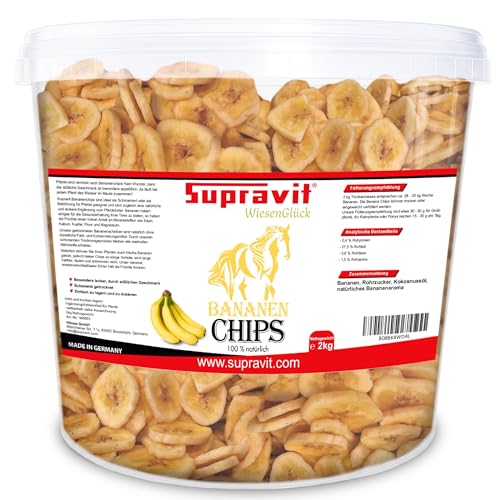 Supravit Bananenchips für Pferde – 2kg Eimer – knusprige Bananenscheiben aus 100% echten Bananen – appetitanregendes Ergänzungsfuttermittel – ideales Pferdeleckerli