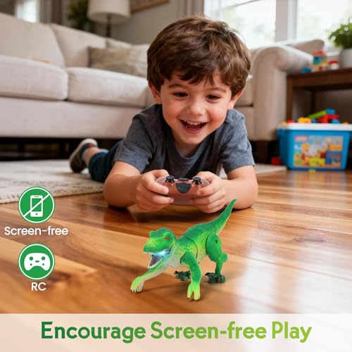 Image of IQKidz RC Dinosaur Toy for Kids 3-5, Realistic Walking Tyrannosaurus Dino Robot for Boy and Girl, Small Electronic Pets as Gift for Age 4 6 7 8 9 10-12 Year Old