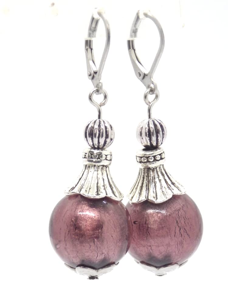 Conjunto de joyería pendientes, collar y pulsera en acero inoxidable, hematites y cuentas de cristal de Murano violeta