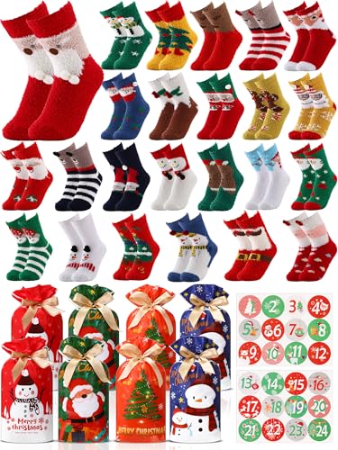 Image of Glitopper 24 Pairs Christmas Sock Advent Calendar 2025 Christmas Countdown Socks Set Include Xmas Fuzzy Socks Drawstring Gift Bags 24 Day Countdown Sticker for Women Men Adult