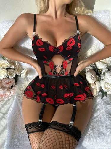 Image of Alrovetoney Women Lingerie Set Naughty Lace Bodysuit High Waisted Underwire Lingerie Babydoll With Garter Belt and Stockings