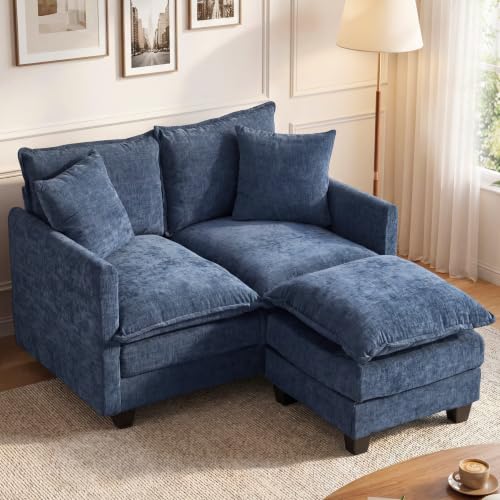 Image of 50'' L-Shape Loveseat Sofa with 22 inch Ottoman, 2 Seat Modern Cloud Couch with 2 Washable Pillows for Small Space Apartment Office Living Room Bedroom, Blue