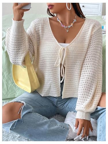 GORGLITTER Women's Plus Size Bow Tie Front Cardigan Crochet Open Front Lightweight Front Tie Cardigan Sweater Fall4