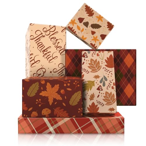 Thanksgiving Wrapping Paper 6 Designs Maple Leaf Acorn Mushroom Plaid Print Autumn Gift Wrap Papers Folded Flat Fall Harvest Theme Thankful Art Paper for Thanksgiving Day Holiday Party DIY Crafts