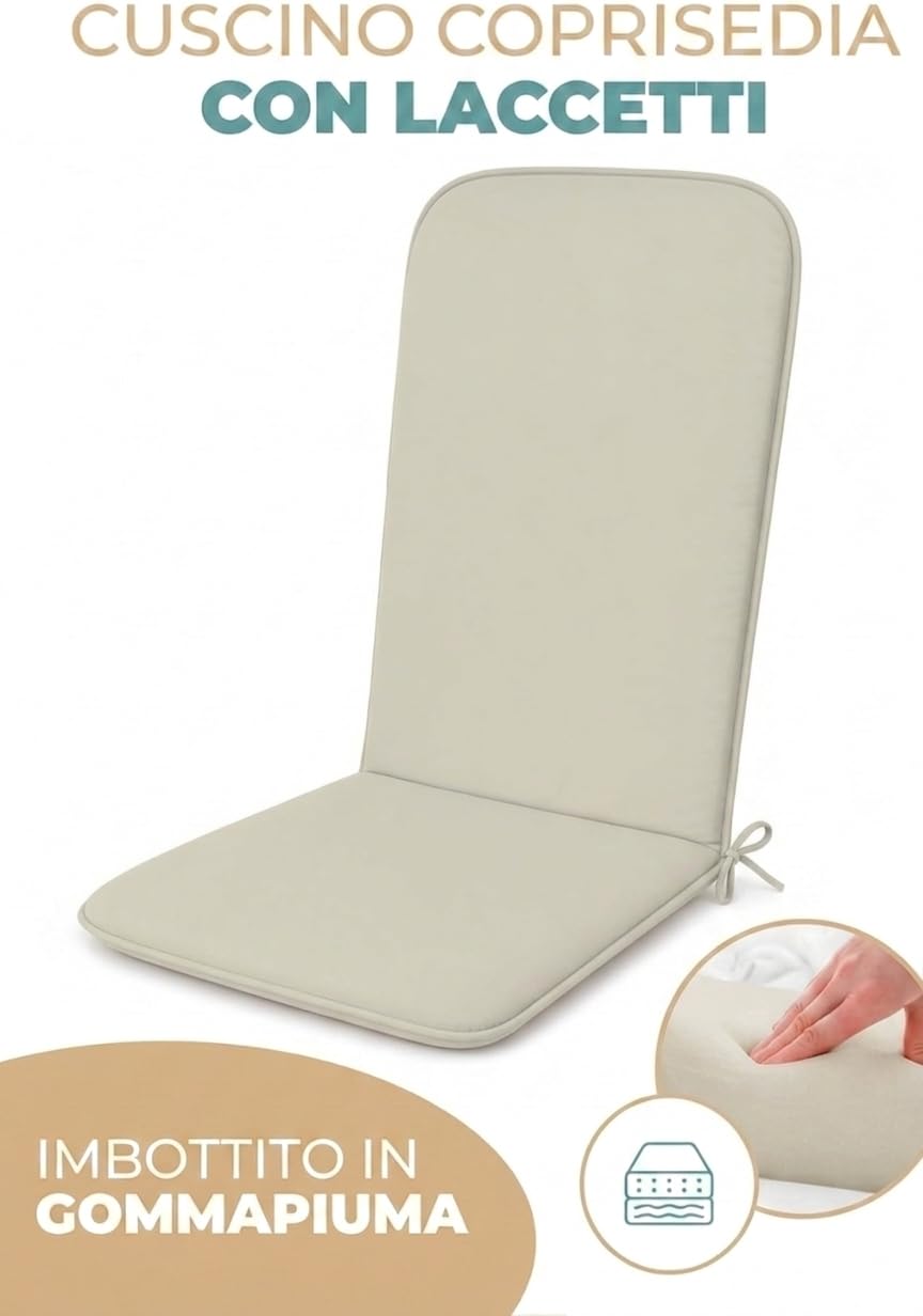 Cuscino per Sdraio da Esterno Imbottito, Materassino Universale Sfoderabile con Laccetti, Copri Sedia Prendisole per Giardino, Piscina e Terrazzo Made in Italy Colore Avorio misure 45x125 cm