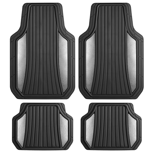 Image of Motor Trend ChromeTech Car Floor Mats Full Set - Durable Rubber Floor Mats for Cars with Two Tone Accent, All Weather Interior Protection for Front and Rear with Non-Slip Backing, Silver Chrome
