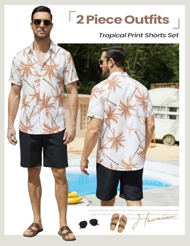 Image of Yimoon Men's Summer 2 Piece Outfits Tropical Print Short Sleeve Button Down Hawaiian Beach Shirt and Shorts Set