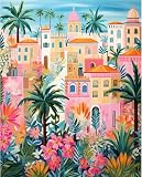 Qijinn 5D Pueblo abstracto Diamond Painting Kit Completo,Diamond Art Kit para Adultos,DIY Square Rhinestones Bordado Punto Pintura de Cruz Diamantes Manualidades para Decoración Hogar 70x90 cm