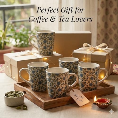 Image of miah decor Stoneware Coffee Mugs Set of 4 | Blue Floral Ceramic Tea & Coffee Cups | Microwave & Dishwasher Safe Mug Set | Food Safe Ceramic Cups for Coffee, Tea, Hot Chocolate & Bake Serve