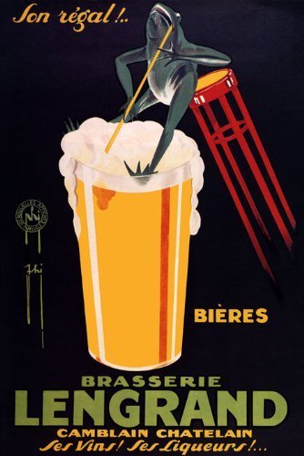 WONDERFULITEMS BRASSERIE LENGRAND FRENCH BREWERY FUN FROG DRINKING BEER ALCOHOL 20" X 30" IMAGE SIZE VINTAGE POSTER REPRO ON MATTE PAPER. poster96