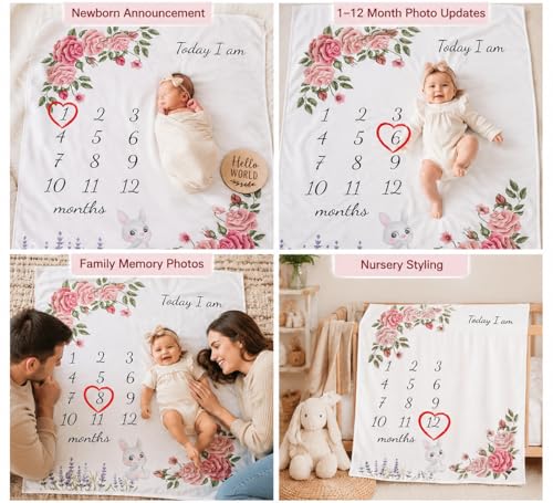 Image of vmaisi Baby Milestone Blanket for Girl, Monthly Growth Photo Blanket for Newborn Infant, Floral Nursery Swaddle Blanket (Flowers, Single Printed