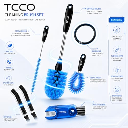 Image of 6-in-1 Bottle Cleaning Brush Set with Long Handle Stainless Steel Bottle Brush, Straw Cleaner, Lid Brush & Gap Cleaner for Water Bottles, Tumblers, Baby Bottles, Flasks & Mugs
