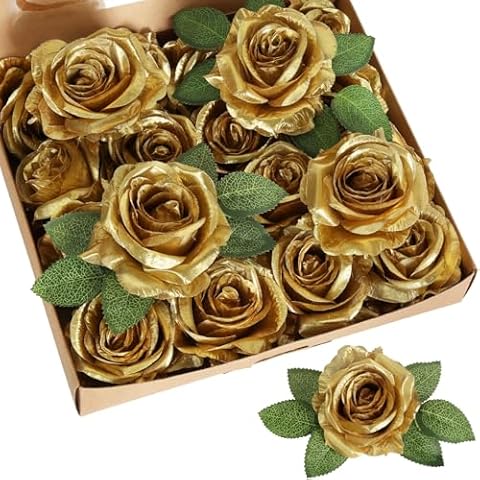 INSUNSIX 20pcs Gold Roses Artificial Flowers Fake Roses Real Looking Silk Flowers Bulk Big Faux Roses with Stems for Wedding Centerpieces Table Home Party Decorations Bridal Floral Arrangements (Gold) Cover