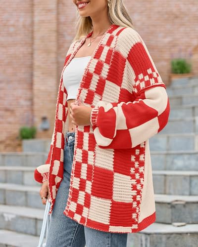 Image of BTFBM Casual Cardigan Sweater for Women Fall 2026 Long Sleeve Open Front Chunky Knit Sweaters Checkered Outwear Coat