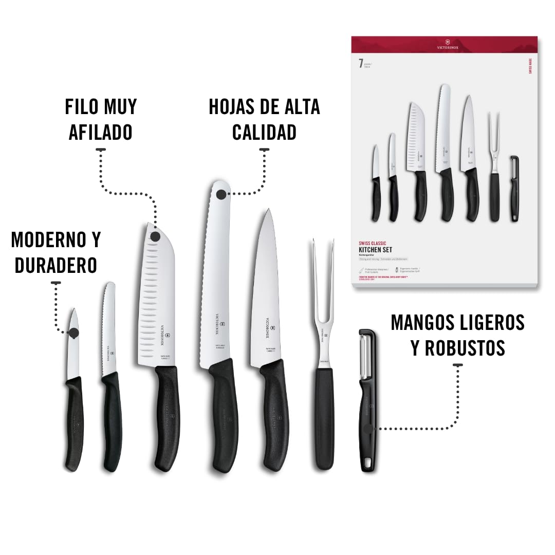 Victorinox Swiss Classic Juego de Cuchillos de Cocina de 7 Piezas, Negro | Set profesional con cuchillo Santoku, de pan, de chef, pelador, tenedor para carne y mangos ergonómicos, Swiss Made