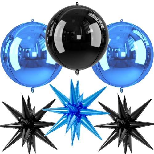 Image of 6pcs 22 inch Black Blue Star Balloons and 4D Large Foil Balloons, Black Foil Star Spike Balloon Blue 4D Ball Balloon For Graduation Father's Day Birthday Baby Shower Party Wedding Decorations