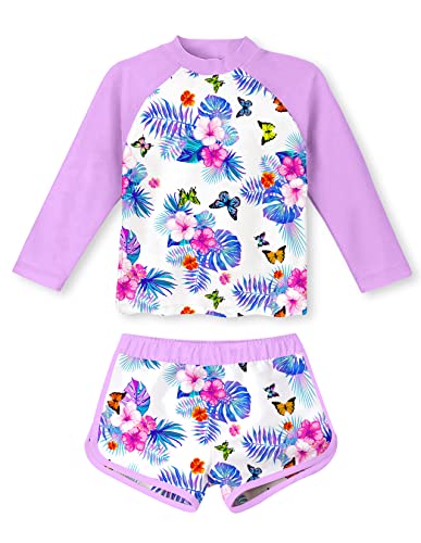 Girls Rash Guard 2-Piece Swimsuit Set Teens 5 6 Yrs Old Hawaiian Style O Neck Long Sleeve Bikini with UPF 50+ Sun Protection for Pool Party Flower