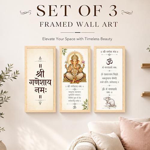 Image of PAINTINGMANTRA Lord Ganesha Framed Wall Art Paintings for Living Room,Set of 3 Ganesha wall art Poster with Ganesha Mantra, Indian Religious Vastu for Living Room, Home & Office (Size 24x48)
