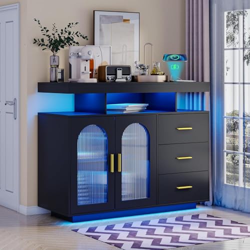 120 Cm Buffet Meuble De Rangement Led, Living Room Sideboard, Modern Storage Unit Led Station Charge with éClairage Rgb Automatique, Coin Café à 3 Tiroirs...