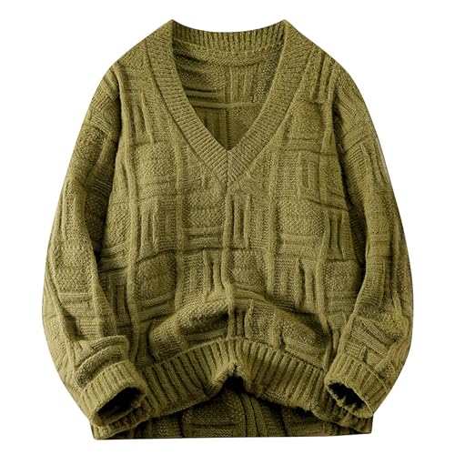 Cambkatl Men's Stylish Texture Sweaters - Basic Solid Color V Neck Casual Knitted Pullovers Loose Long Sleeve Sweater Tops