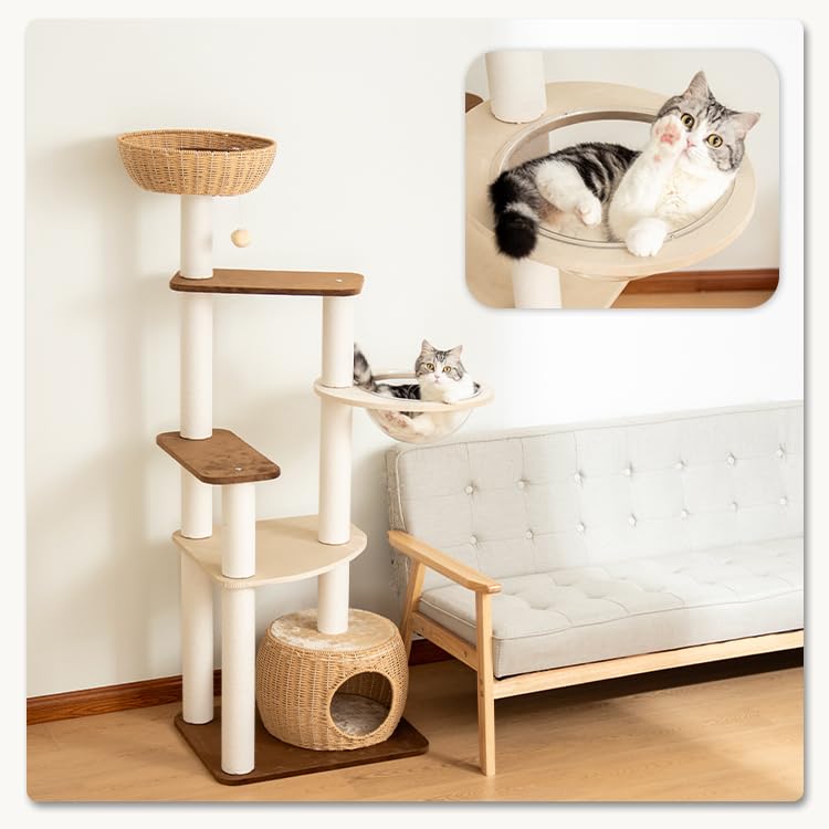 PETTIFUL Wooden Cat Tower for Large Cats, Modern Multi-Level Condo with Natural Wood, Indoor Cat Furniture for Medium and Big Pets (White 81007DD)