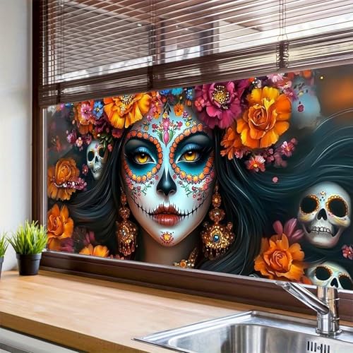 Película decorativa adhesiva para ventana diseño calavera floral miniatura 4