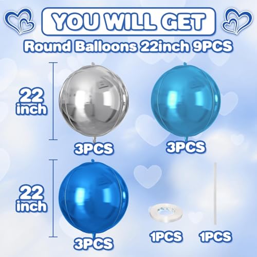 Image of 9 Pcs Blue Silver Round Foil Balloons,22 Inch Round Balloons | Blue Silver Giant 4D Round Ball Balloons For Birthday Graduation Retirement Baby Shower Party Decorations