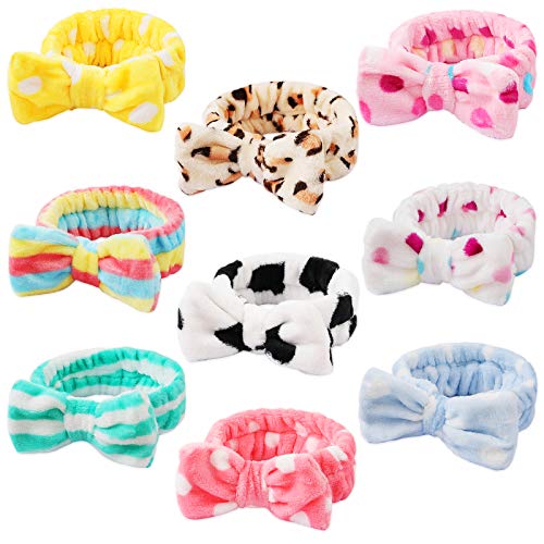 9 Pack Spa Headband Facial Makeup Headband, Coral Fleece Cosmetic Headband Face Wash Headband , Bow Hair band for Washing Face Terry Cloth Headbands for Women Girls (Color A)