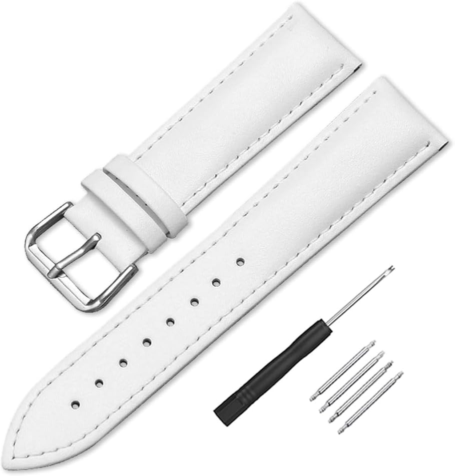Leather Watch Bands Genuine Calf Leather Replacement Watch Straps with Stainless Steel Buckle 12mm 14mm 16mm 18mm 20mm 22mm 24mm for Men and Women White 12mm