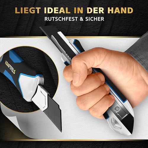 3 x Cuttermesser Profi inkl. 13x Carbonstahl Klingen 18mm extra scharf - Robustes Alugehäuse, Gummierter Griff - Teppichmesser Profi - Cutter Messer - Cuttermesser 18mm - Kater Messer, Tapetenmesser