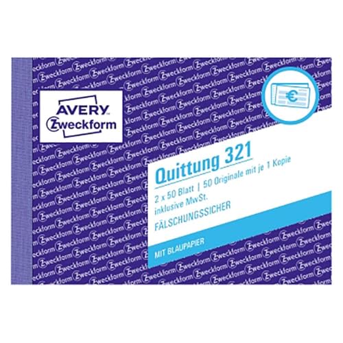AVERY Zweckform 321 Quittungsblock (A6 quer, 2x50 Blatt, mit Durchschlag, fälschungssicher, inkl. MwSt., für Deutschland und Österreich) weiß