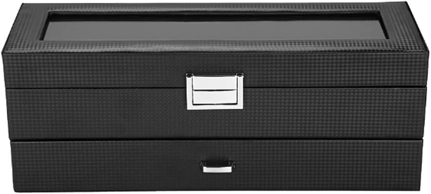 Uhren-Schmuck-Display-Box, doppellagige Kohlefaser-Schublade, Armbänder, Uhrenbox, Vitrine, Organizer mit transparenter Oberseite, Schmuckaufbewahrung, Vitrine für Quarzuhren, Schwarz