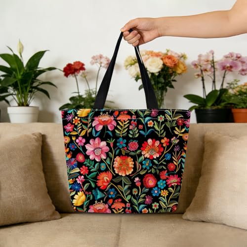 Bolso Tote Florido Colorido Estético con Bolsillo Interior con Cremallera Ligero y Lavable Estilo Bohemio para Mujeres miniatura 3