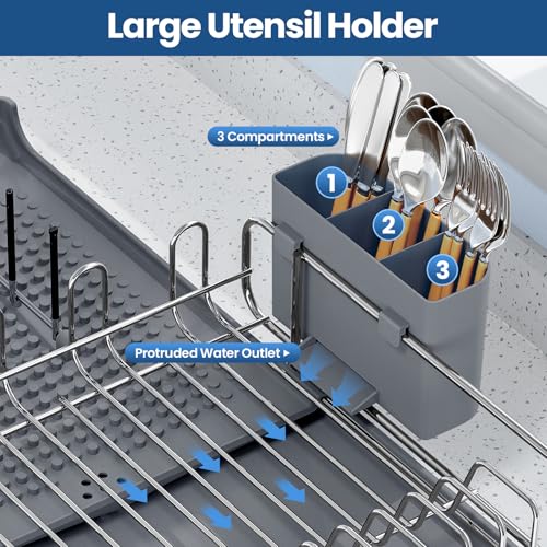 Image of NTD Expandable Dish Drying Rack for Kitchen Counter, 16.7 inch-26.8 inch, Gray | Large Multifunctional Dish Drainers, Anti-Rust, with Cutlery & Cup Holders, Self-Draining Drainboard, FIts for 4-5 People