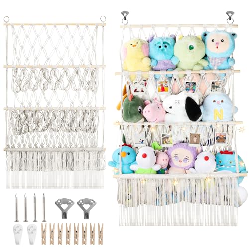 Image of iHansee 3 Tier Stuffed Animal Storage Shelf Net, 24x39 Inch Large Plushie Net w/LED Light & Clips for Mini Medium Stuffy Teddy, Beige Boho Macrame Wall Toy Holder Display for Nursery Kids Girls Boys