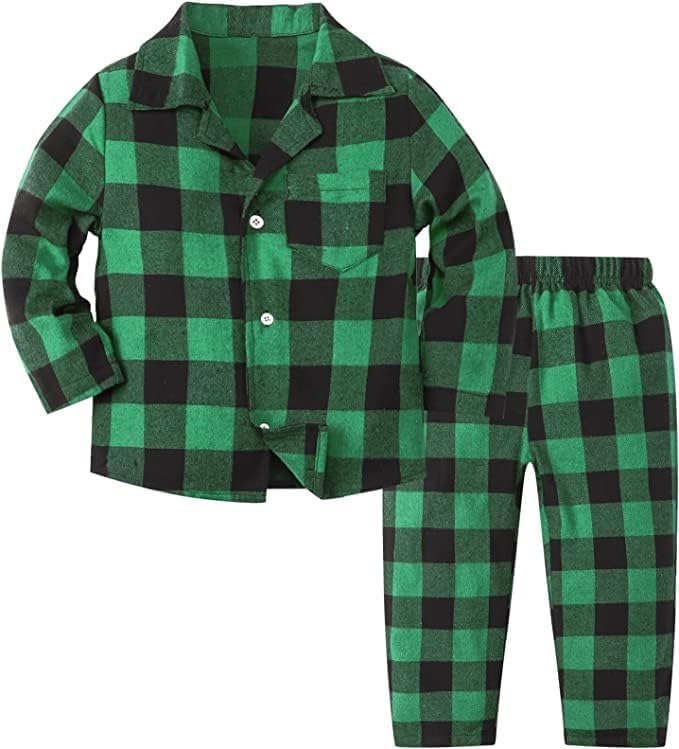 QZH.DUAO Family Plaid Pajamas For Mens, Family Adult 2-Piece Button Down Flannel Christmas Pjs Sleepwear, Black Green, US S2