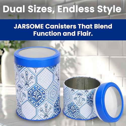 Image of Maroc Collection Airtight Kitchen Container Set| 450ML+1100ML- Set of 4| Food Grade Metal Jars for Spices, Cookies & Dry Food Storage| Vacuum Lid, Rust Resistant, Moroccan Blue Canisters