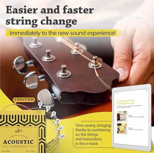 Image of BELFORT quality acoustic guitar strings - 6 string set - Premium coating with Phosphor Bronze (guitar strings acoustic 6 string set) BONUS: 4 Picks + 1 High E String - cuerdas para guitarra acustica