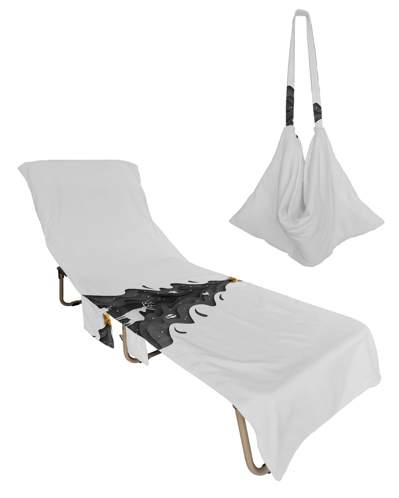 Geometric Tree Beach Chair Towel Covers for Chaise Lounge with Side Pocket, Soft Plush Pool Towels Cover for Patio Sunbathing Outdoor 29''x85'' Christmas Gradual Grey Elk Star Dots