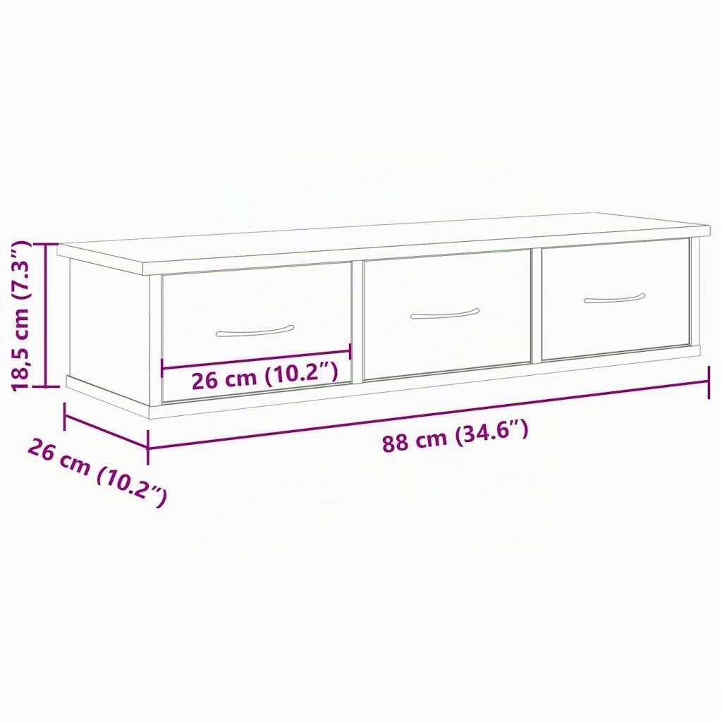 IKAYAA Estante de Pared con 3 Cajones, Estantería Flotante, Estante de Pared, Estantes Colgantes, Estantes Flotantes para Entrada Pasillo, Salón Cocina, Roble Artesanal 88 x 26 x 18,5 cm
