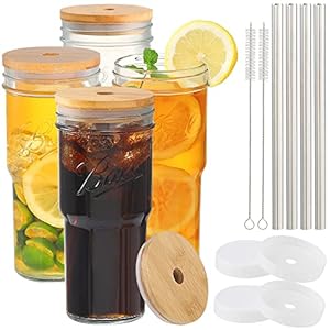 4 Pack Glass Cups 24oz Iced Coffee Cups Mason Jars Drinking Glasses Tumbler with Bamboo Lids and Straws brushes&Airtight…