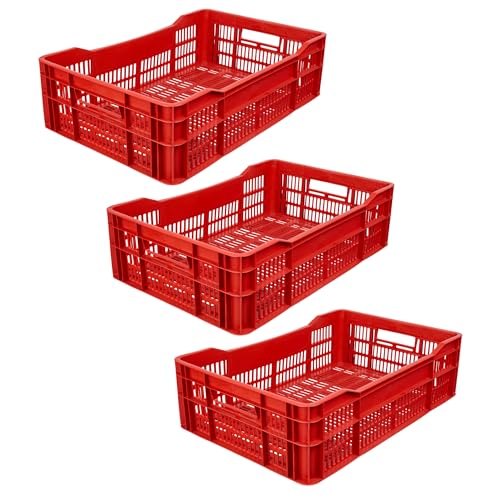 Garronda Bac rangement plastique 60x40x17 cm caisse rangement empilable HDPE ventilée pour stockage transport agriculture atelier logistique GD-0189 (Rouge)...