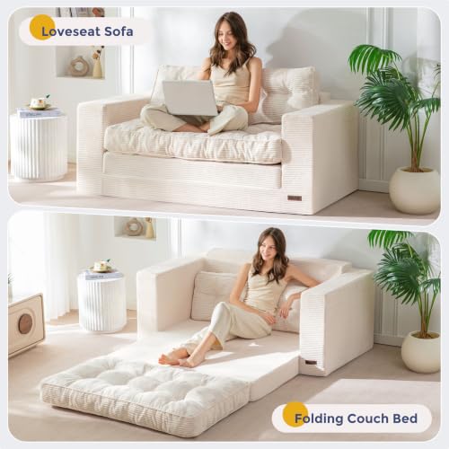 Image of MAXYOYO Convertible Sofa Bed, Pull Out Loveseat Sofa Couch, Fold Out Floor Couch with Pillows for Living Room Bedroom Lounge, Beige