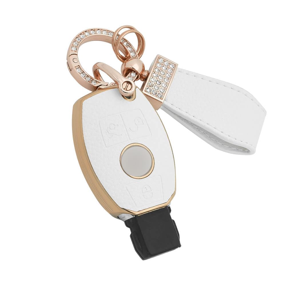 keyzone Litchi Leather Textured TPU Key Cover & Keychain for C, E, M, S, CLS, CLK, GLK, GLC, G Class 3 Button Smart Key (White)