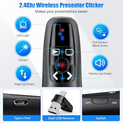 Image of 2-in-1 USB Type C Presentation Clicker, Clicker for PowerPoint Presentations, Rechargeable Wireless Presenter Remote, RF 2.4GHz USB PowerPoint Clicker Slide Advancer with Volume Control