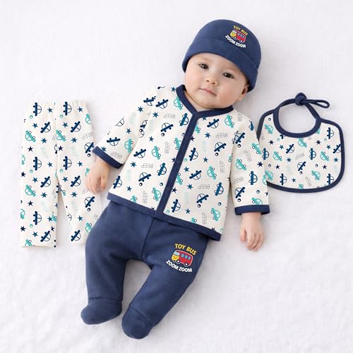 Image of Kidbee Baby Clothing Gift Set for Boys & Girls, 5 Piece Newborn Clothing Combo with Front Open Top, Pajama, Printed Pant, Cap & Bib, Soft Cotton, 0-6 Months Baby